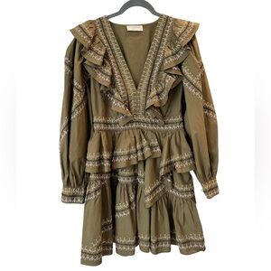 Ulla Johnson Handmade Embroidered Long Sleeve Ruffle Mini Dress